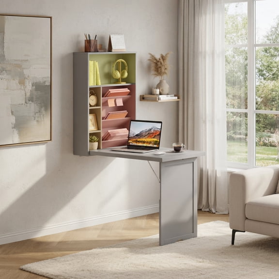 Demi Bonn Wall-Mounted Fold-Out Convertible Floating Desk Space Saver, for Laptops, Books, Tablets, and Art, Gray