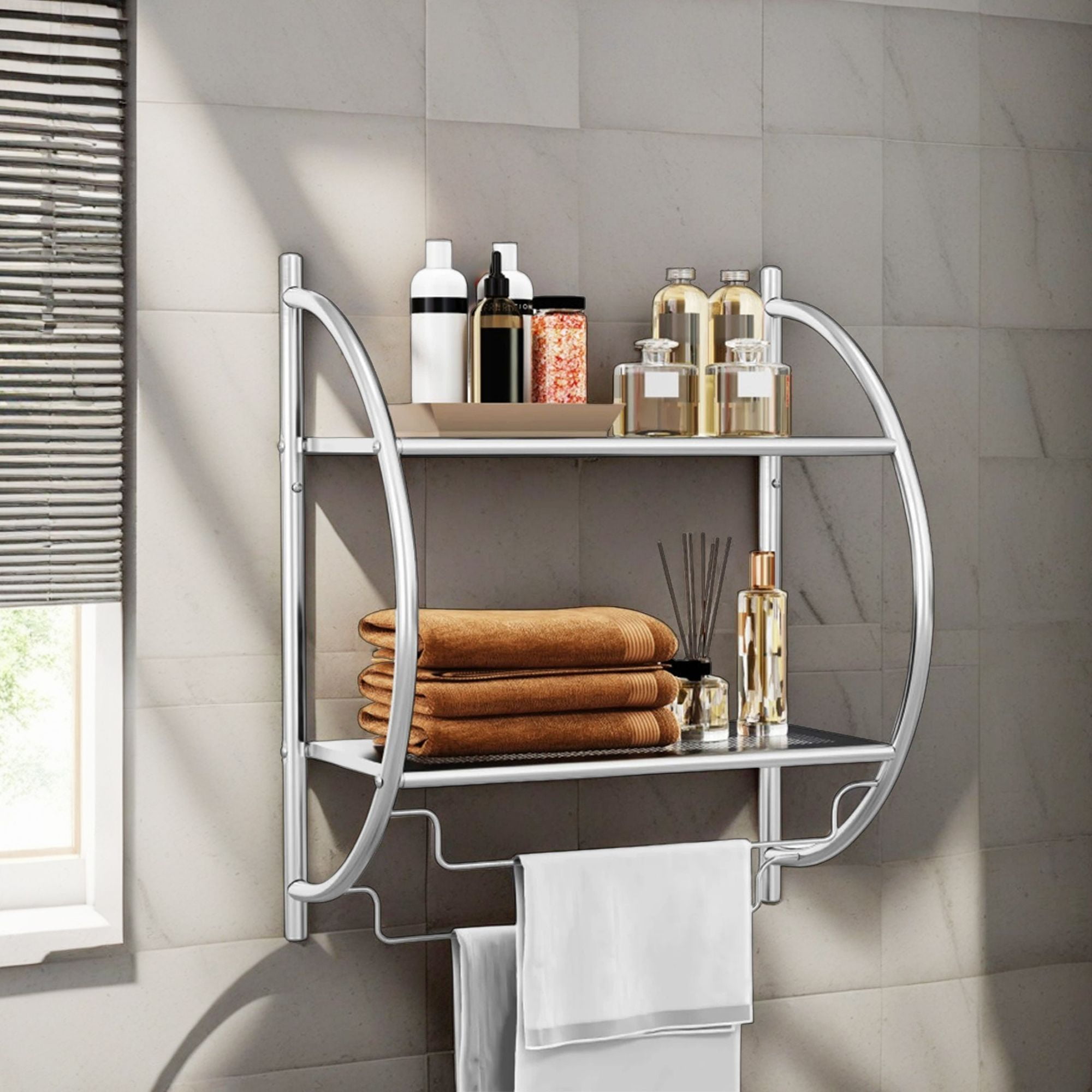 Silver Wall Mounted 2-Tier Bathroom Towel Rack with Bars