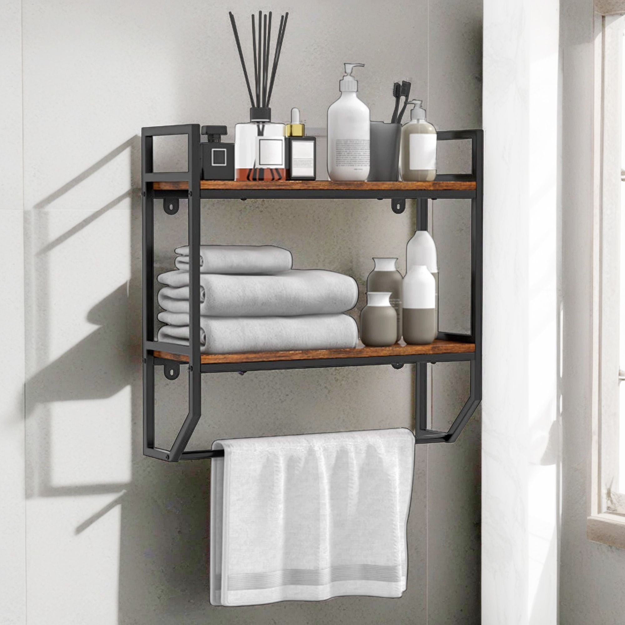 Demi Bonn Wall Mounted Towel Warmer, Towel Rack, Towel Holder, Over the Toilet Shelf Wall Mounted with Metal Frame, for Bathroom, Kitchen, Rustic Brown