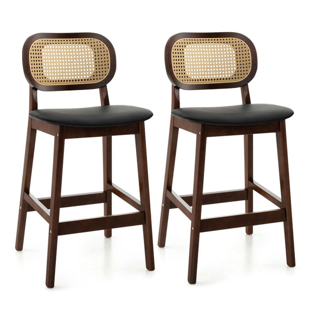 Finihen Wood Bar Stool with PE Rattan Backrest Padded Seat and Footrest, Modern Kitchen Dining Chair, Brown
