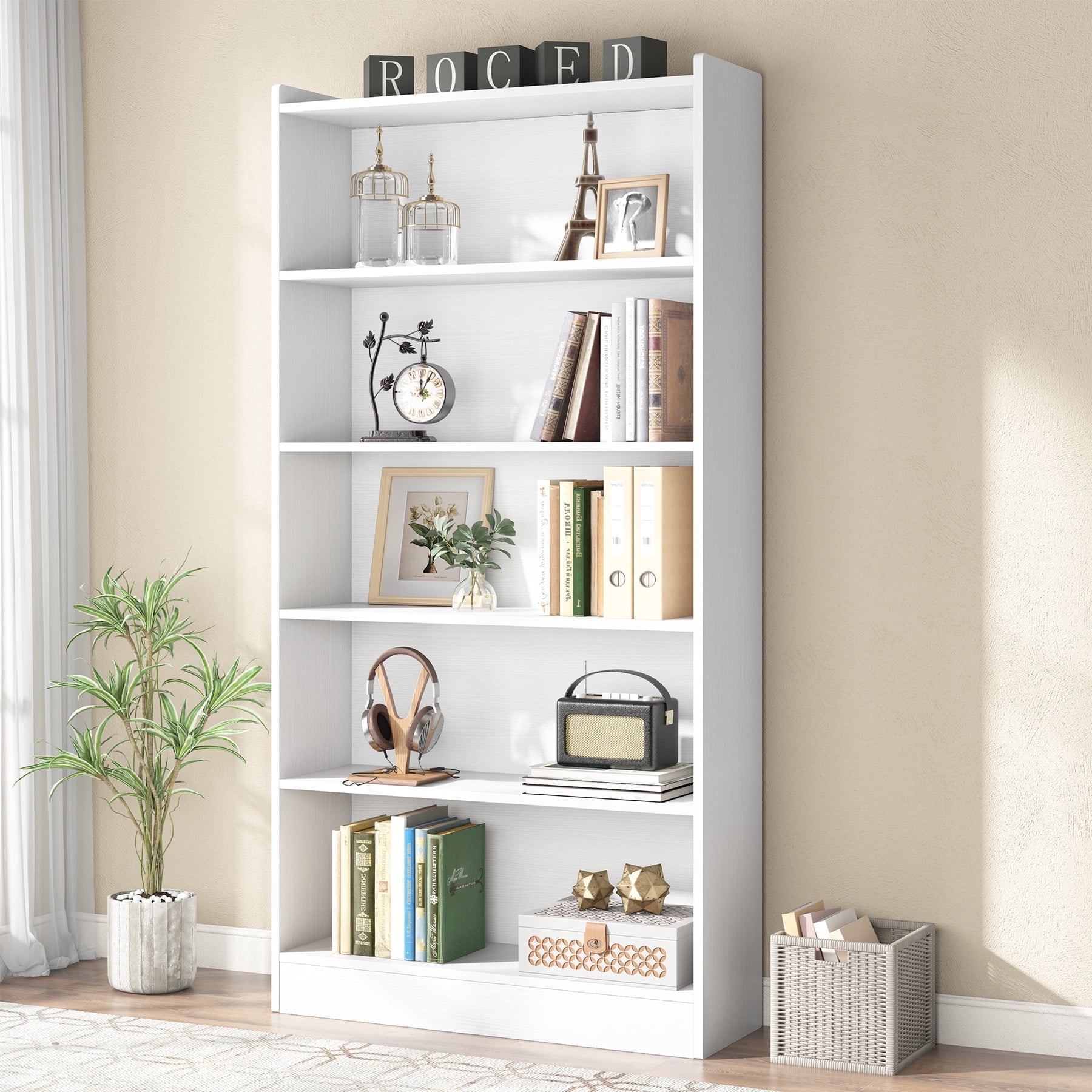 Demi Bonn Wood Bookcase, 72" Tall Bookshelf with Open Storage Shelves, 5-Tier Bookshelf for Bedroom, Living Room, White