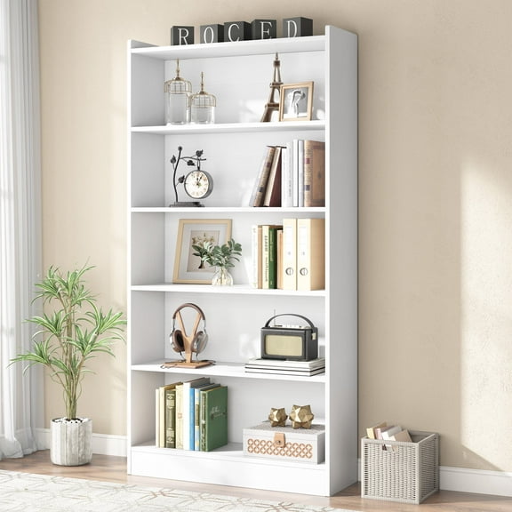 Demi Bonn Wood Bookcase, 72" Tall Bookshelf with Open Storage Shelves, 5-Tier Bookshelf for Bedroom, Living Room, White