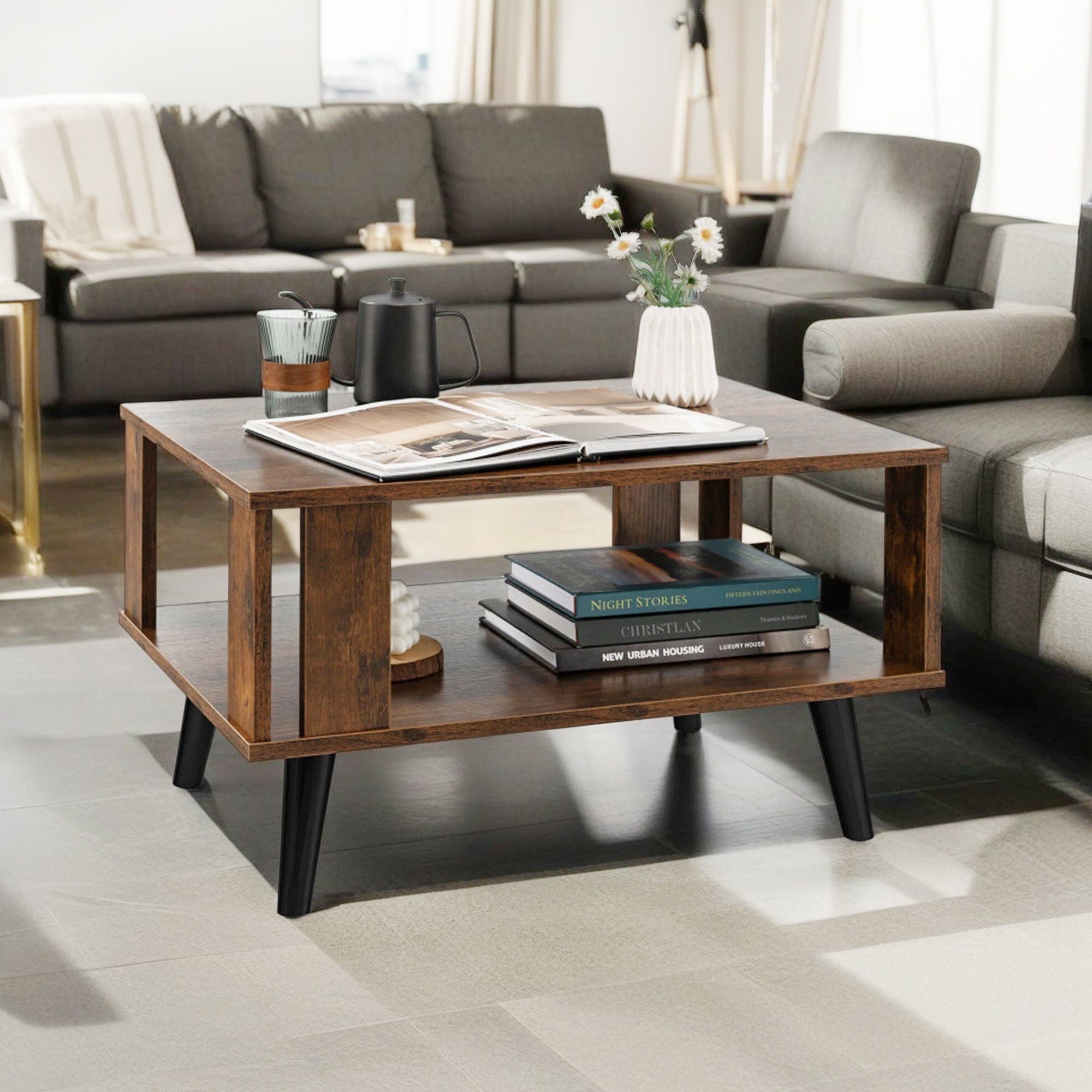 Demi Bonn Wood Coffee Table, Compact Retro Mid-Century Coffee Table with Storage Open Shelf, for Living Room, Reception Room, Brown