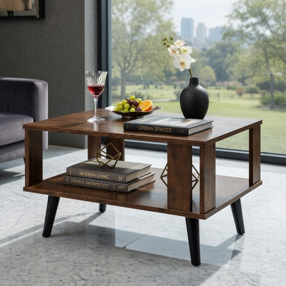 Demi Bonn Wood Coffee Table, Compact Retro Mid-Century Coffee Table with Storage Open Shelf, for Living Room, Reception Room, Brown