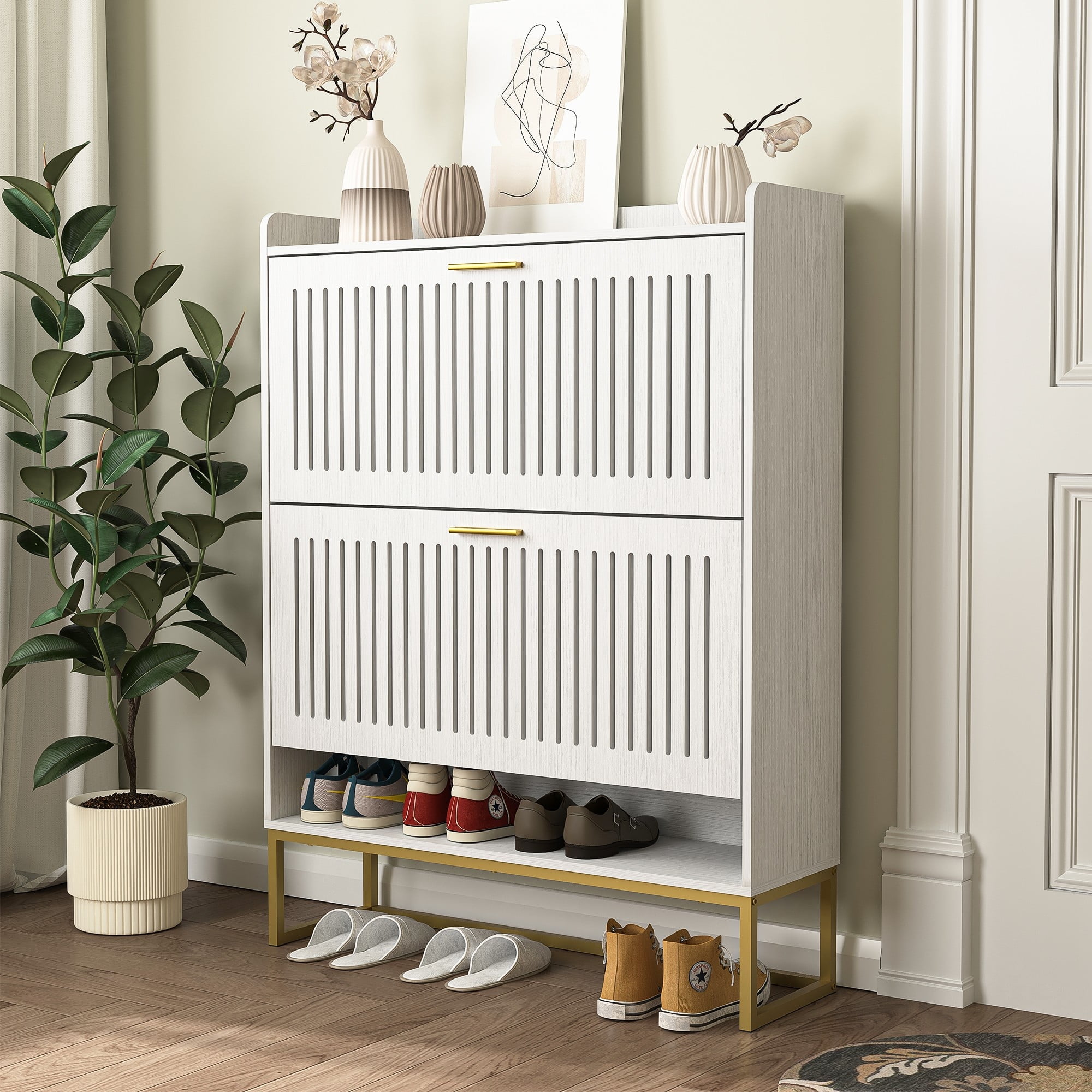 Demi Bonn Wood Shoe Cabinet, Freestanding Shoe Racks with 2 Storage Shelves Hidden Narrow Shoe Organizers for Entryway Bathroom Living Room, White