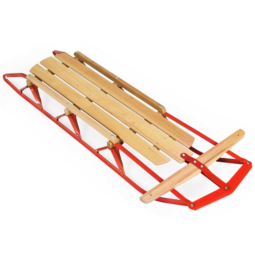 Demifill Wood Sled, 54 Inch Kids Wooden Snow Sled with Metal Runners and Steering Bar, Red Demifill Wood Sled, 54 Inch Kids Wooden Snow Sled with Metal Runners and Steering Bar, Red