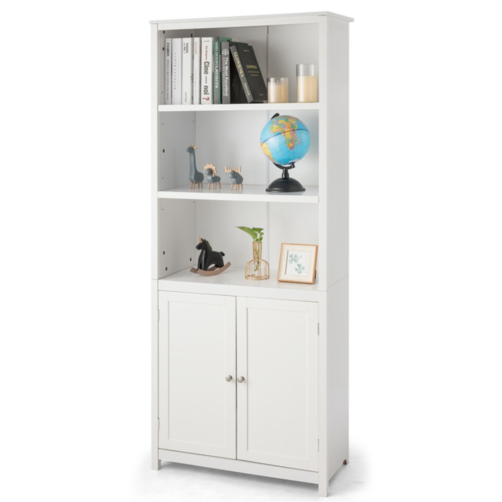 Finihen Wooden Bookcase with Shelving Storage Cabinet Unit Standing Display Bookcase with Doors,White Finihen Wooden Bookcase with Shelving Storage Cabinet Unit Standing Display Bookcase with Doors,White