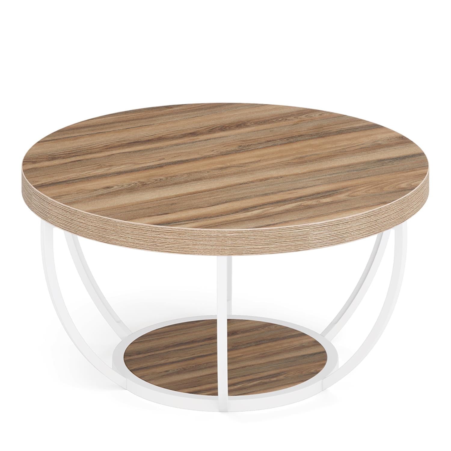 Demi Bonn Wooden Coffee Table, 2-Tier Round Central Cocktail Table with Shelves for Living Room, Brown