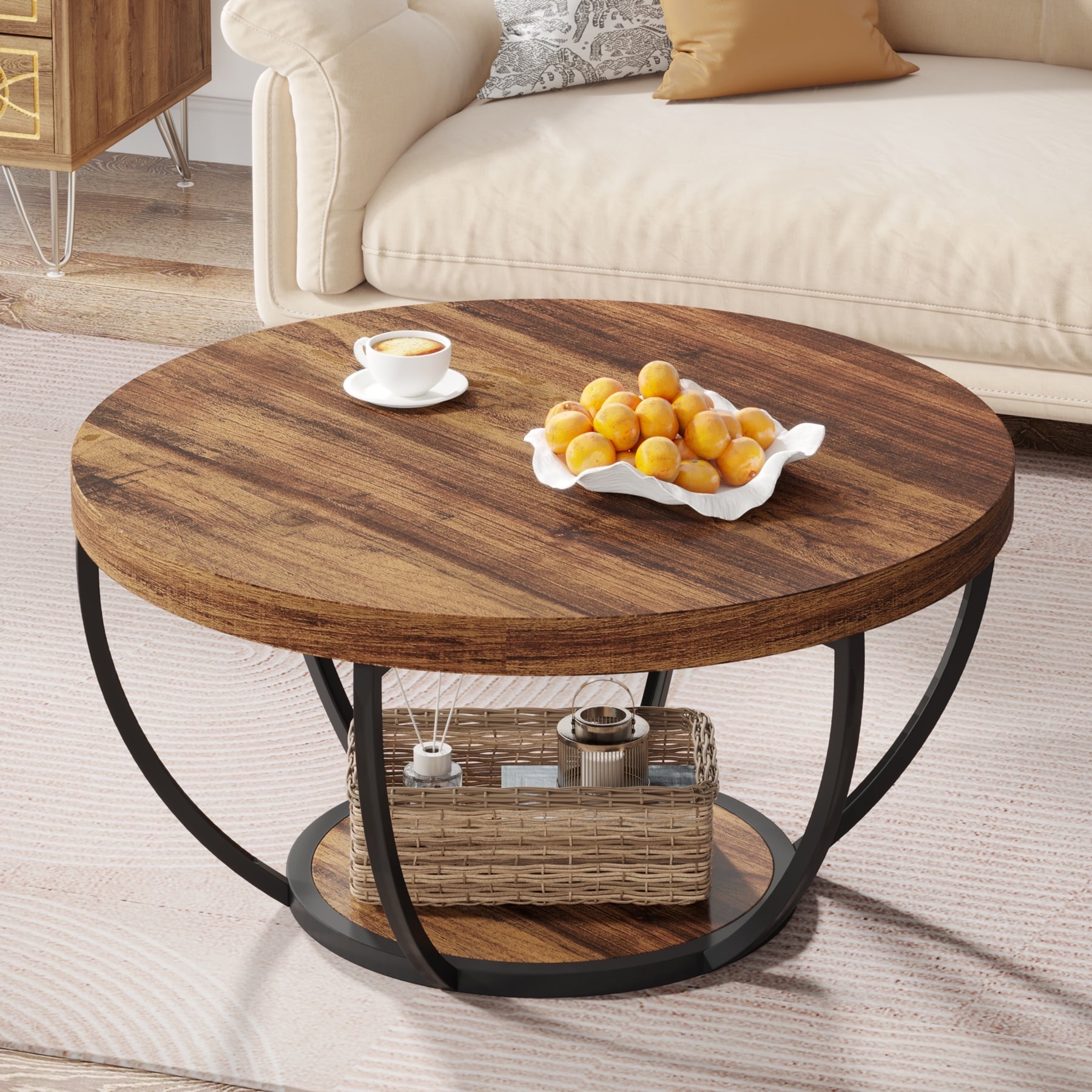 Demi Bonn Wooden Coffee Table, 2-Tier Round Central Cocktail Table with Shelves for Living Room, Rustic Brown