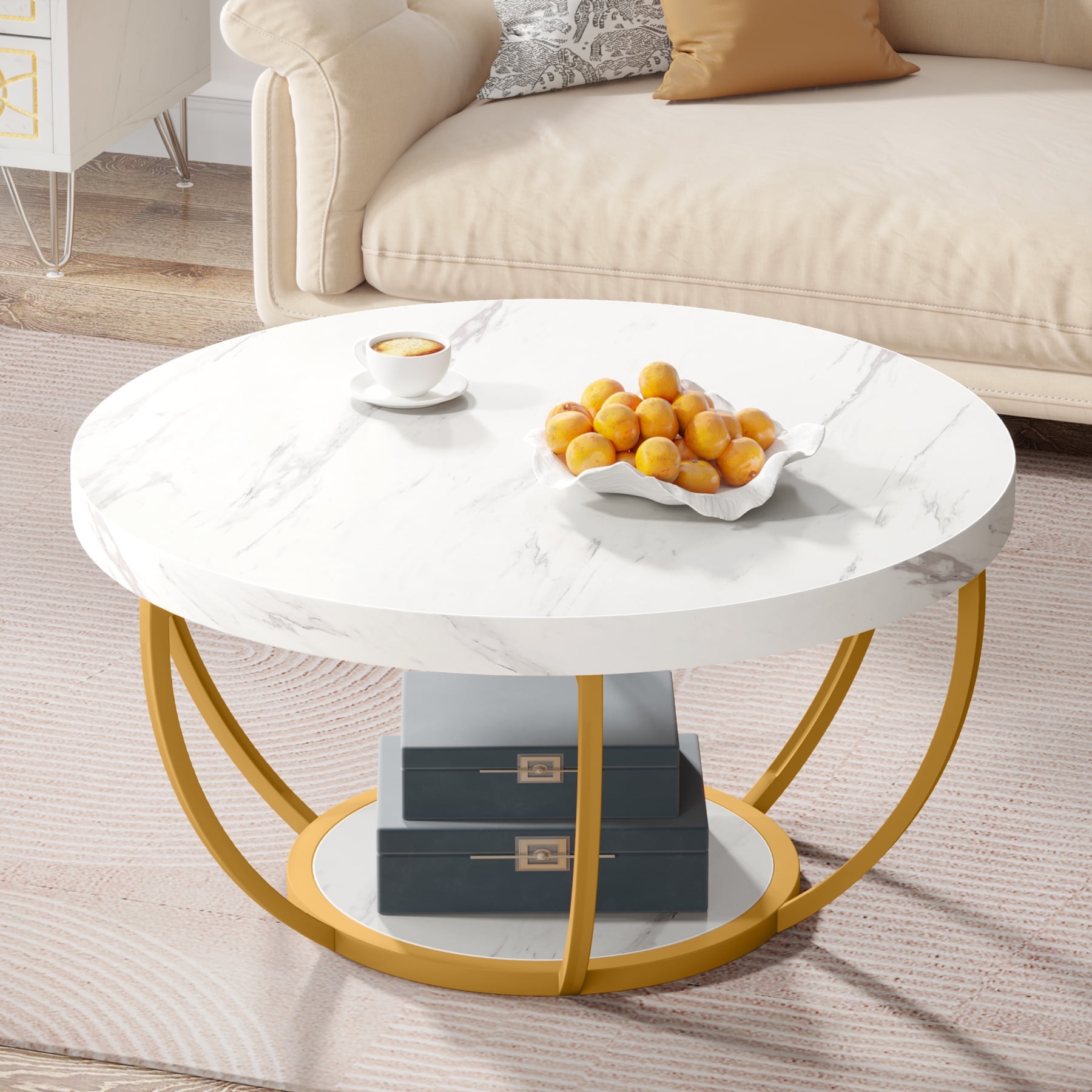 Demi Bonn Wooden Coffee Table, 2-Tier Round Central Cocktail Table with Shelves for Living Room, White