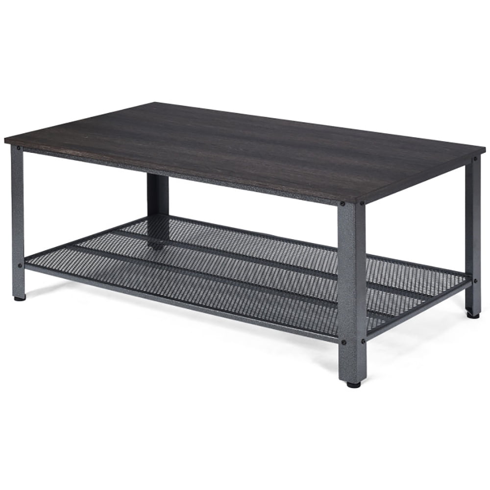 Finihen Wooden Coffee Table, Metal Frame Wood Coffee Table Console Table with Storage Shelf, for Living Room, Reception Room, Office, Black
