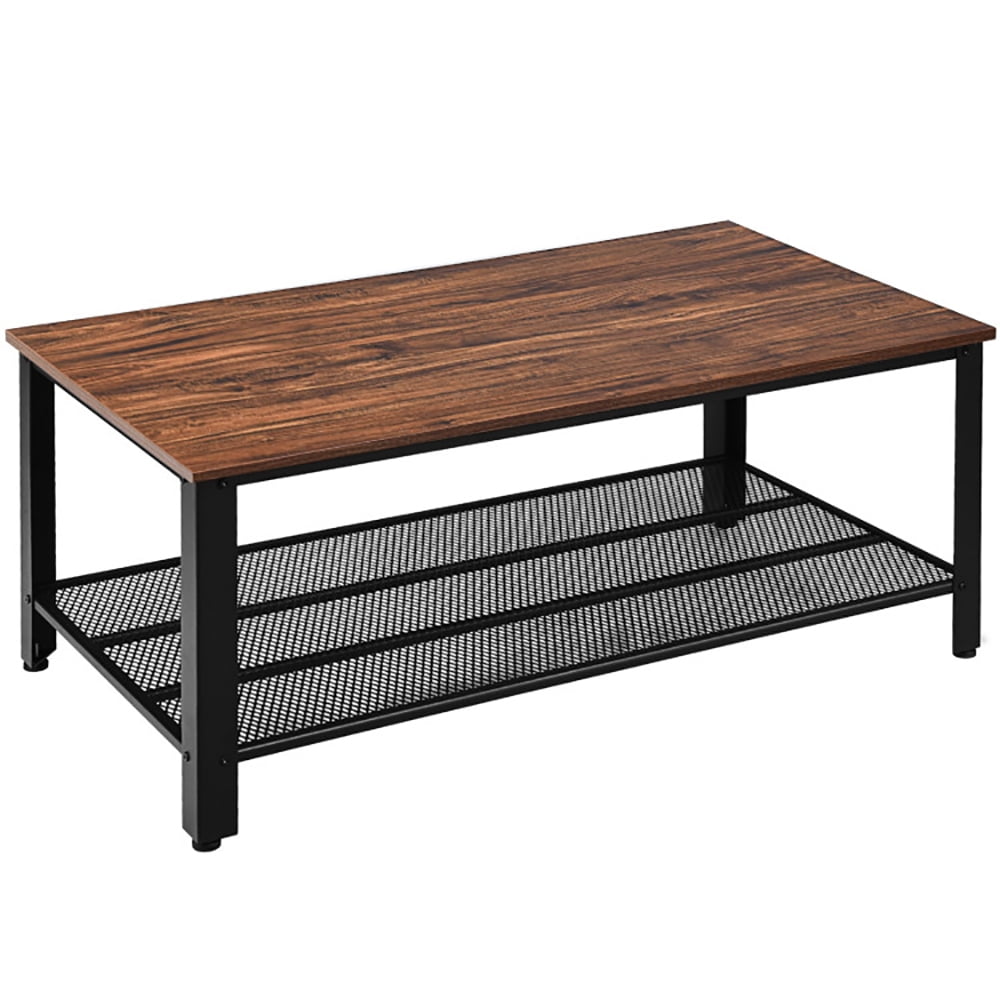 Finihen Wooden Coffee Table, Metal Frame Wood Coffee Table Console Table with Storage Shelf, for Living Room, Reception Room, Office, Brown