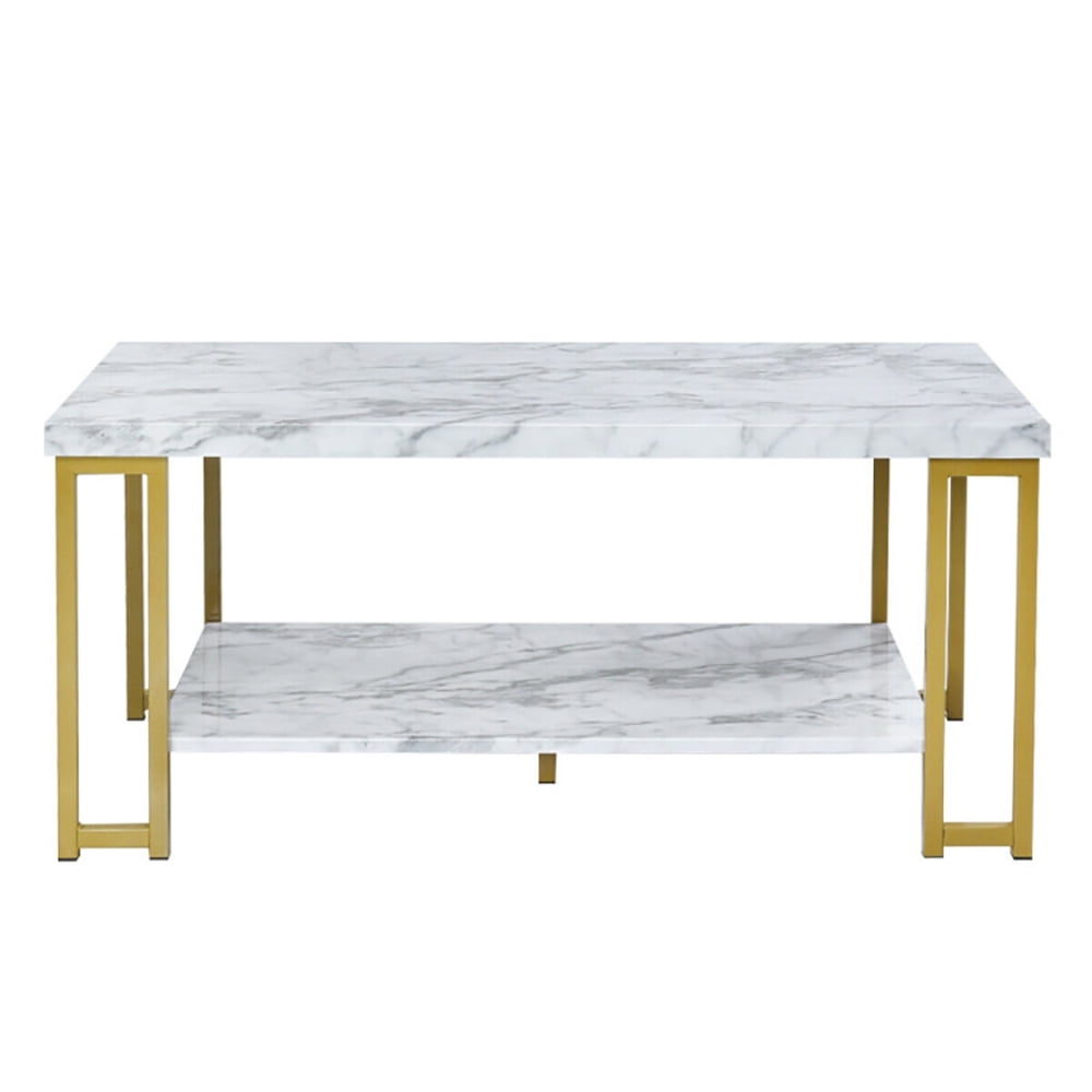 Finihen Wooden Coffee Table, Rectangular Coffee Table, 2-Tier Rectangular Modern Coffee Table with Gold Print Metal Frame, for Living Room, Reception Room, Office, White
