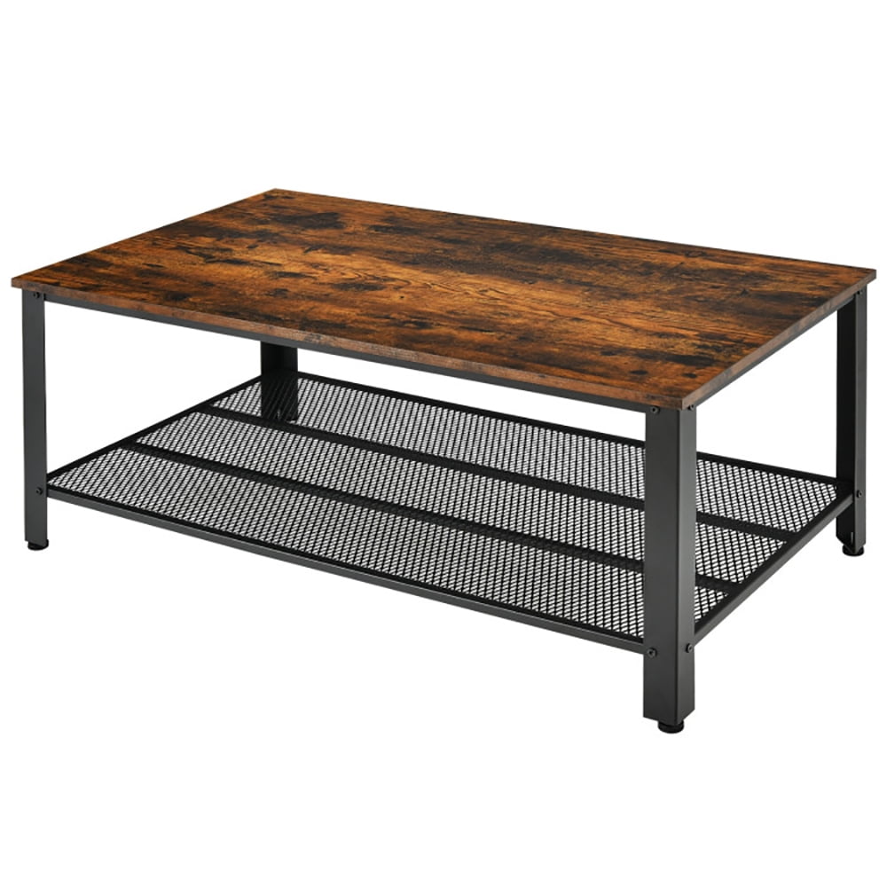 Finihen Wooden Coffee Table, Rectangular Coffee Table, Metal Frame Wood Coffee Table Console Table with Storage Shelf, for Living Room, Reception Room, Office, Rustic Brown