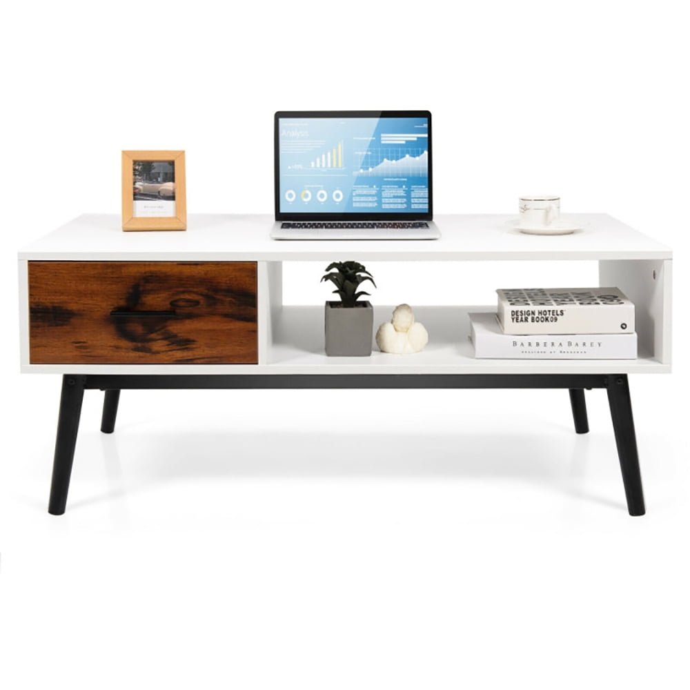 Finihen Wooden Coffee Table, Rectangular Coffee Table, Rectangular Wooden Coffee Table with Drawer and Open Storage Shelf, for Living Room, Reception Room, Office, White