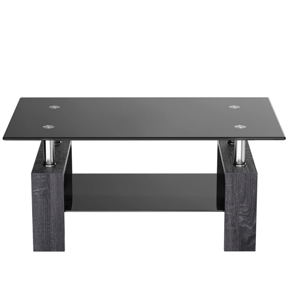 Finihen Wooden Coffee Table, Rectangular Tempered Glass Coffee Table with Shelf, for Living Room, Reception Room, Office, Gray