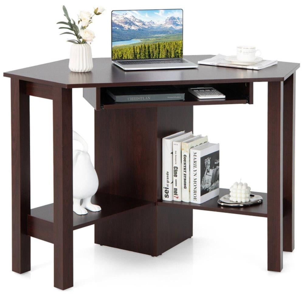 Demi Bonn Wooden Computer Corner Desk with Drawer for Home Office Sturdy Writing Workstation, Brown