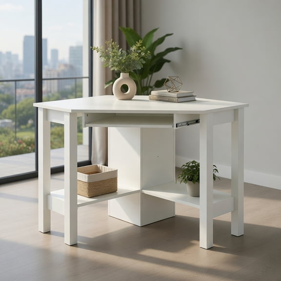 Demi Bonn Wooden Computer Corner Desk with Drawer for Home Office Sturdy Writing Workstation, White