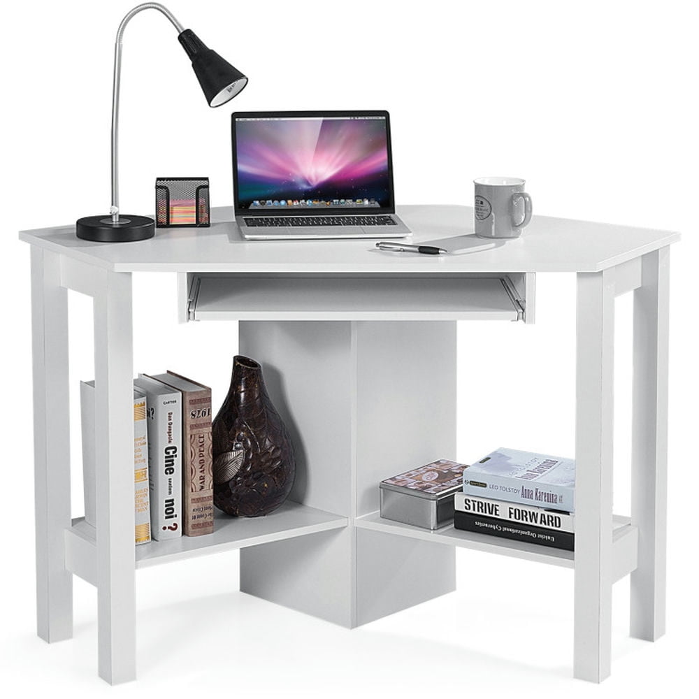 Finihen Wooden Computer Corner Desk with Drawer for Home Office Sturdy Writing Workstation, White