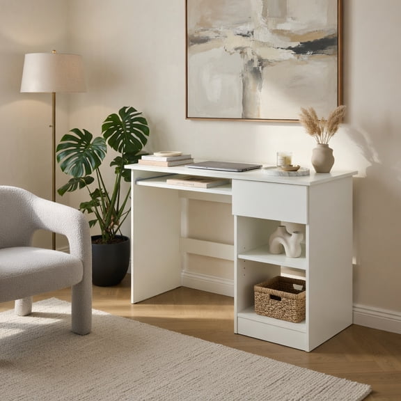 Demi Bonn Wooden Computer Desk with CPU Stand, Small Home Office Desk Study Writing Table, White
