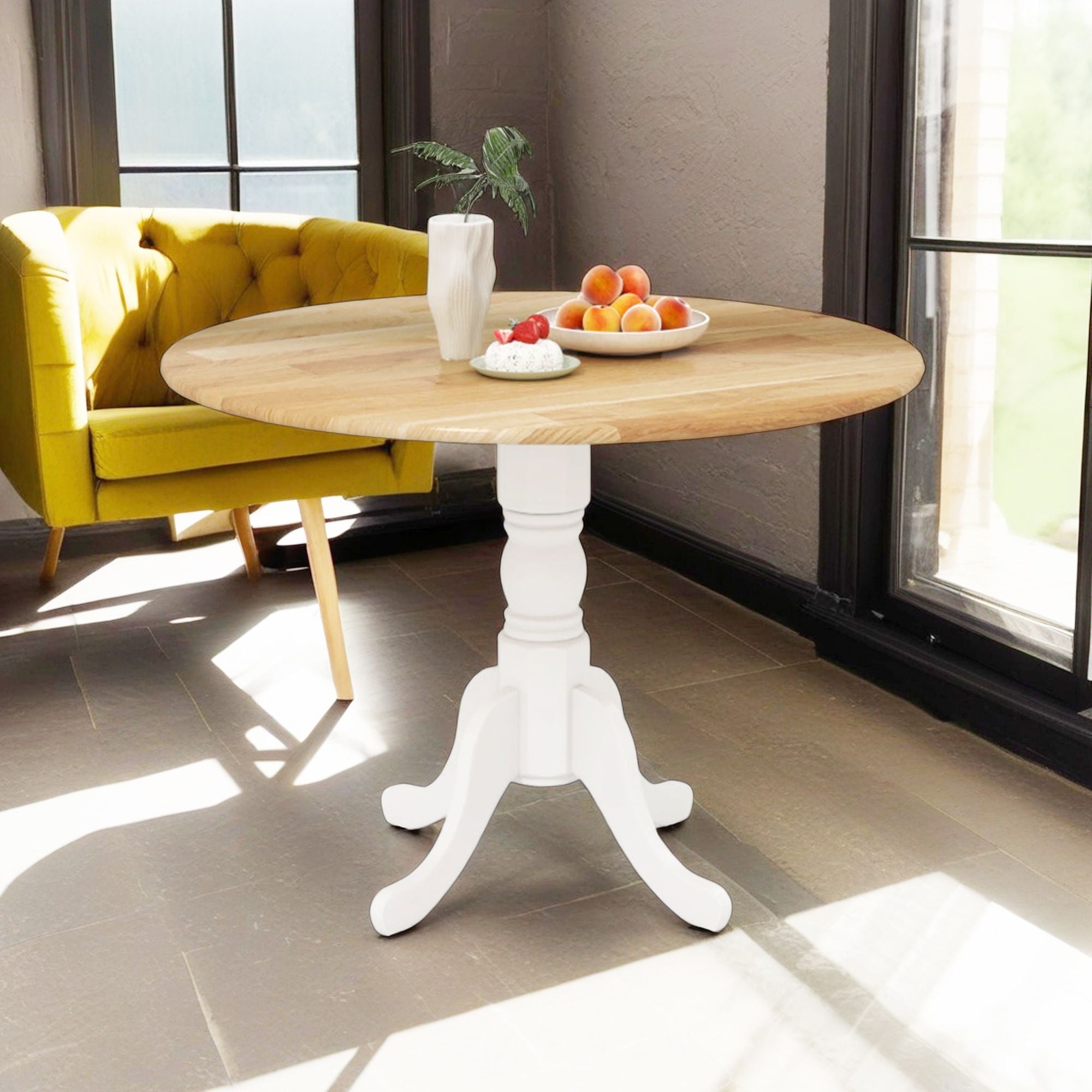 Demi Bonn Wooden Dining Table with Round Tabletop and Curved Trestle Legs, Modern Kitchen Table Furniture for Dining Room, Dinette, Beige+White