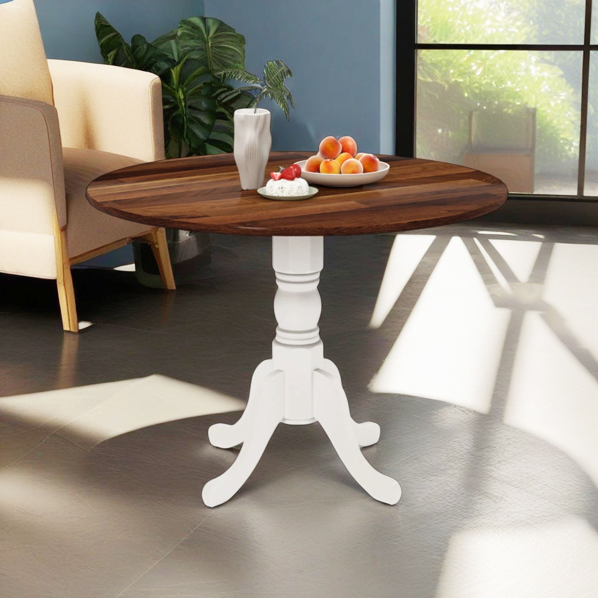 Demi Bonn Wooden Dining Table with Round Tabletop and Curved Trestle Legs, Modern Kitchen Table Furniture for Dining Room, Dinette, Brown+White