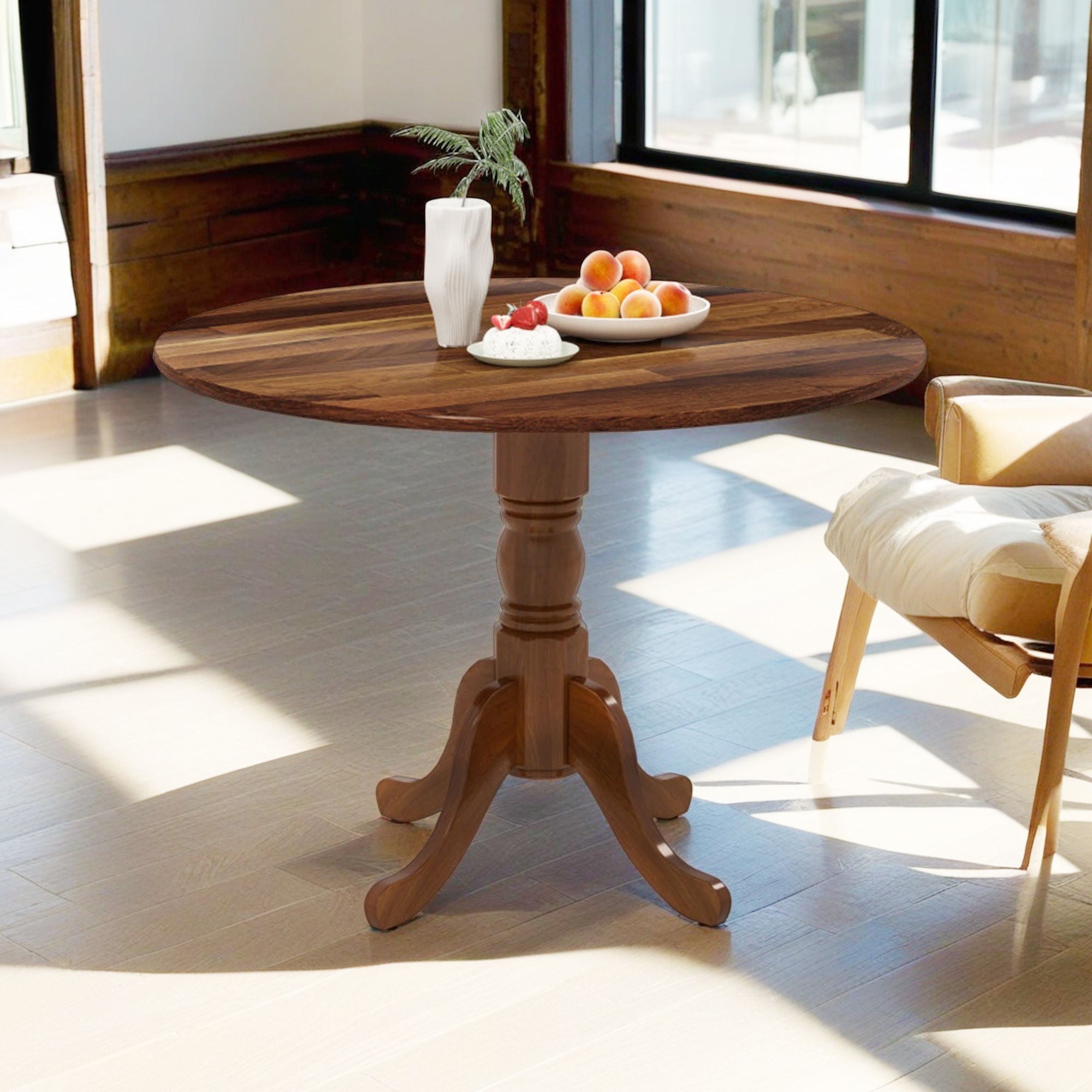 Demi Bonn Wooden Dining Table with Round Tabletop and Curved Trestle Legs, Modern Kitchen Table Furniture for Dining Room, Dinette, Brown