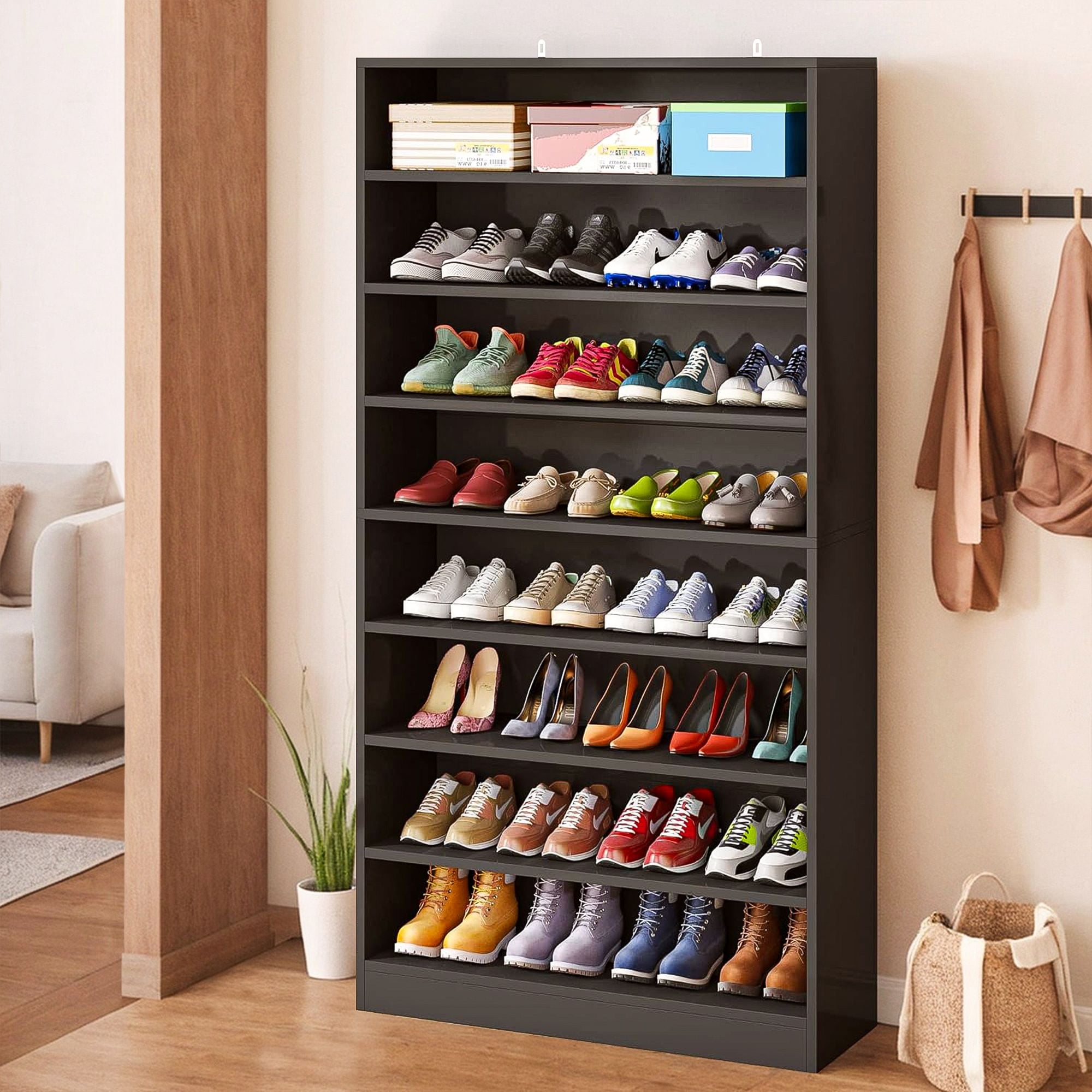 Demi Bonn Wooden Shoe Rack 9-Tier Shoe Storage Organizer Entryway Shoe Shelf, 40-45 Pairs Freestanding Shoe Cabinet, Black