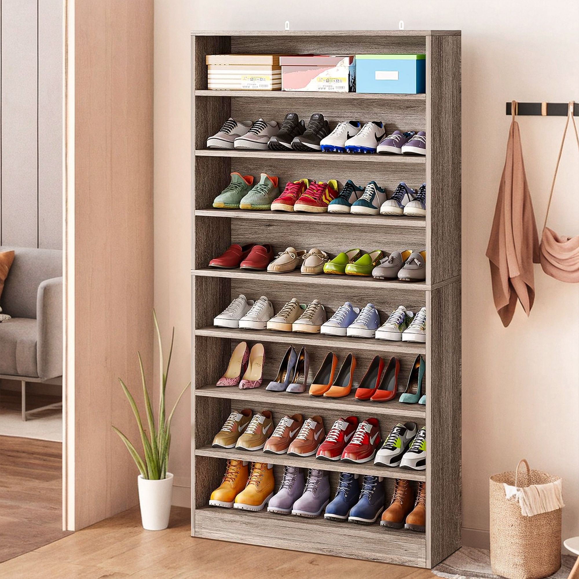 Demi Bonn Wooden Shoe Rack 9-Tier Shoe Storage Organizer Entryway Shoe Shelf, 40-45 Pairs Freestanding Shoe Cabinet, Gray