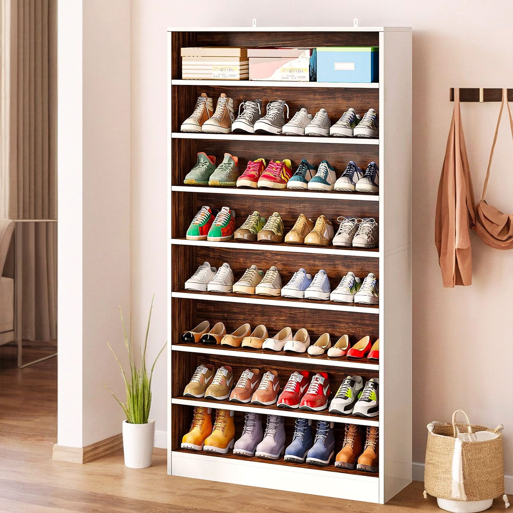 Demi Bonn Wooden Shoe Rack 9-Tier Shoe Storage Organizer Entryway Shoe Shelf, 40-45 Pairs Freestanding Shoe Cabinet, White & Brown