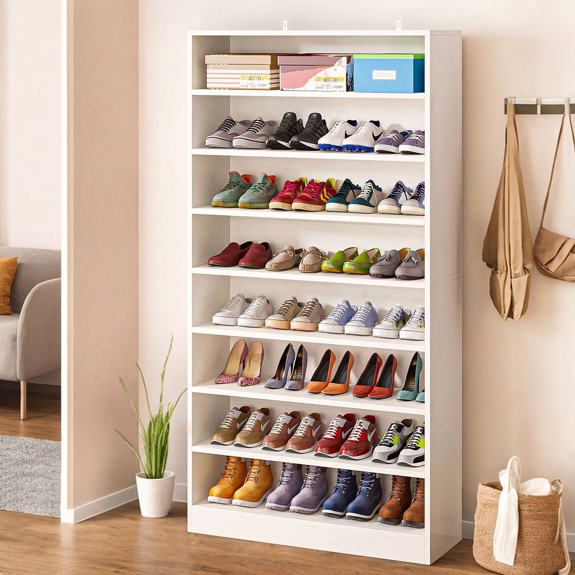 Demi Bonn Wooden Shoe Rack 9-Tier Shoe Storage Organizer Entryway Shoe Shelf, 40-45 Pairs Freestanding Shoe Cabinet, White