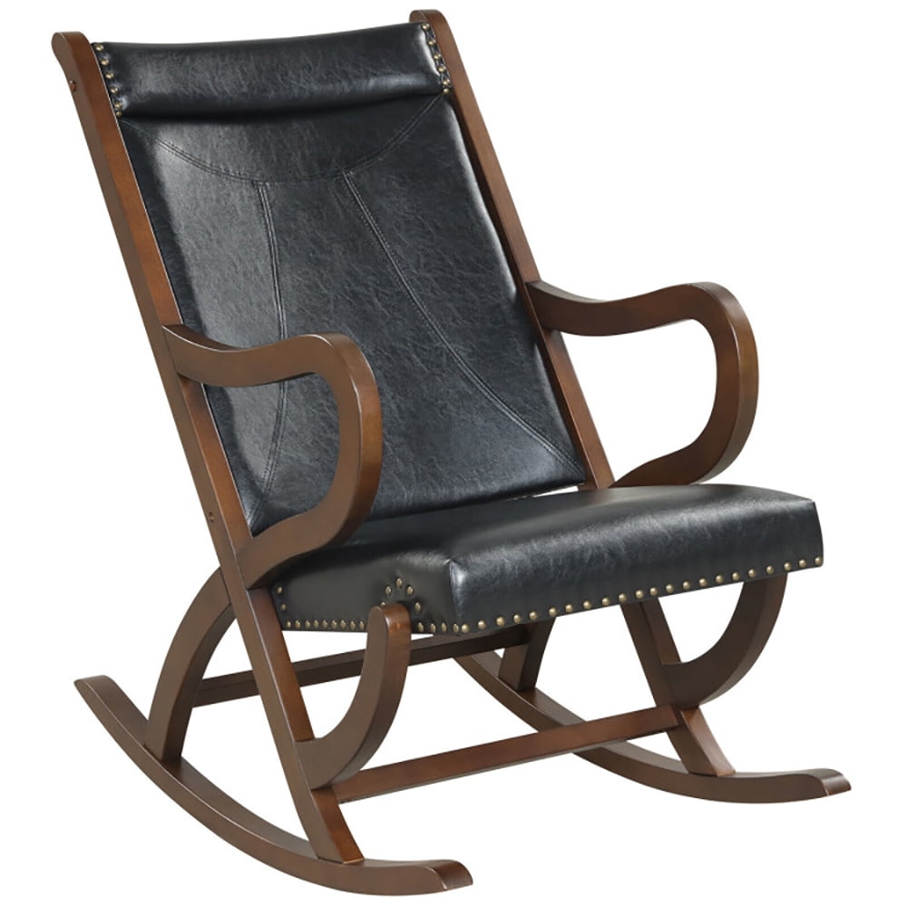 Finihen Wooden Slad Back Rocking Chairr, Modern Rocking Chair with PU Cushion and Rubber Wood Frame, for Living Room, Bedroom, Black