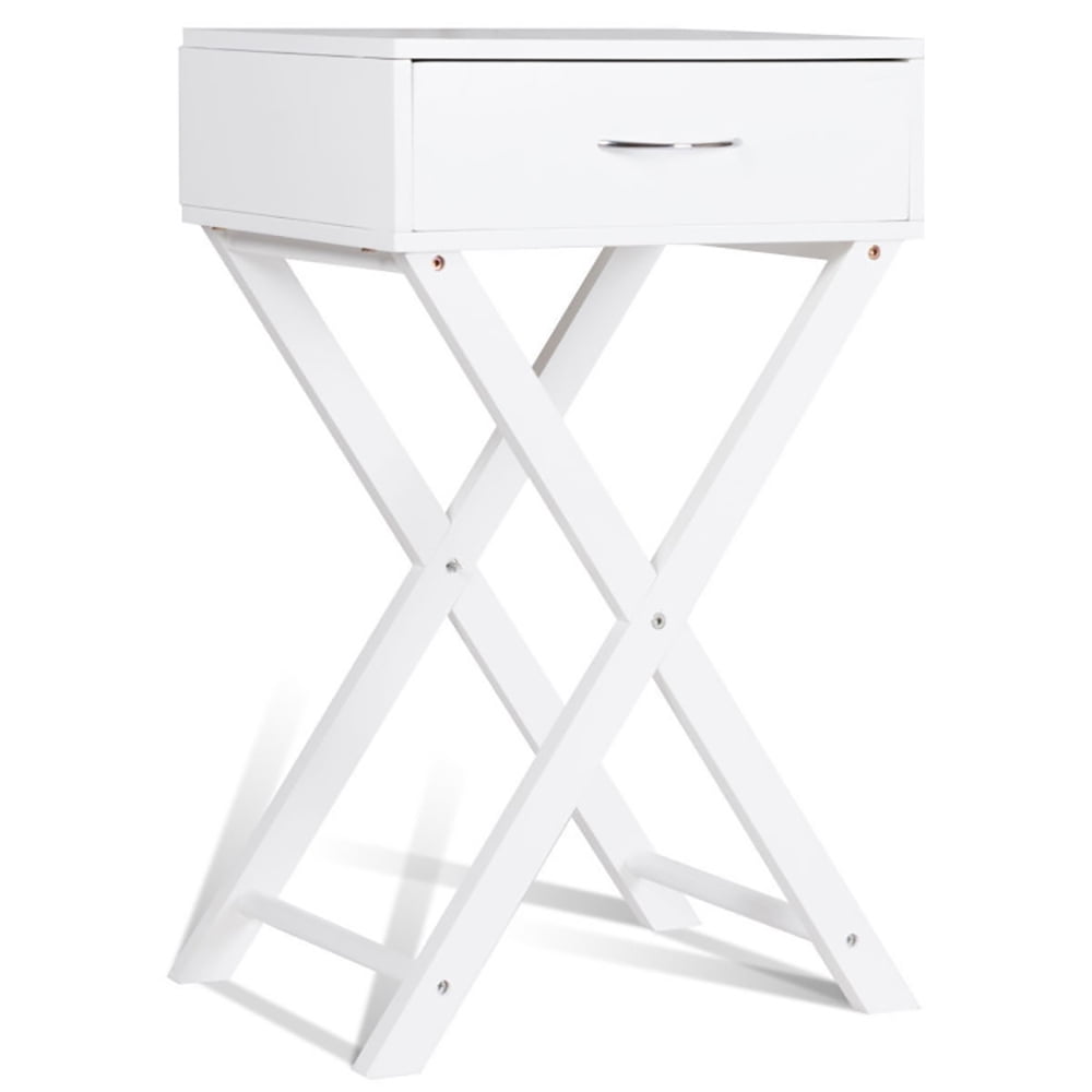 Finihen X-Shape End Table, Design Sofa Side Table with X-Shape Drawer, Sofa Side Table, Bed Side Table, for Living Room, Bedroom, White