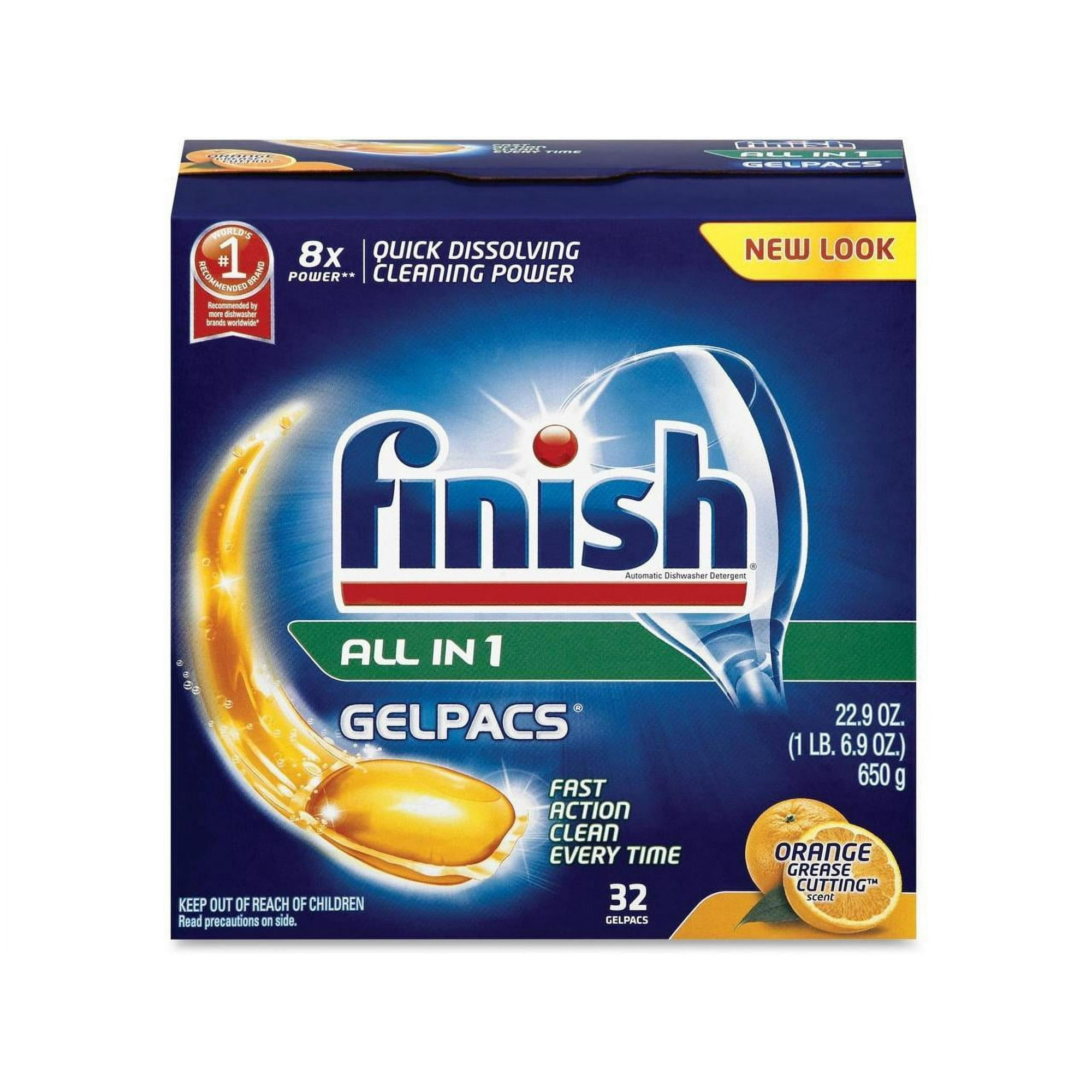 Package of Finish All-in-1 Gelpacs with orange gel-pack and oranges featured on blue background