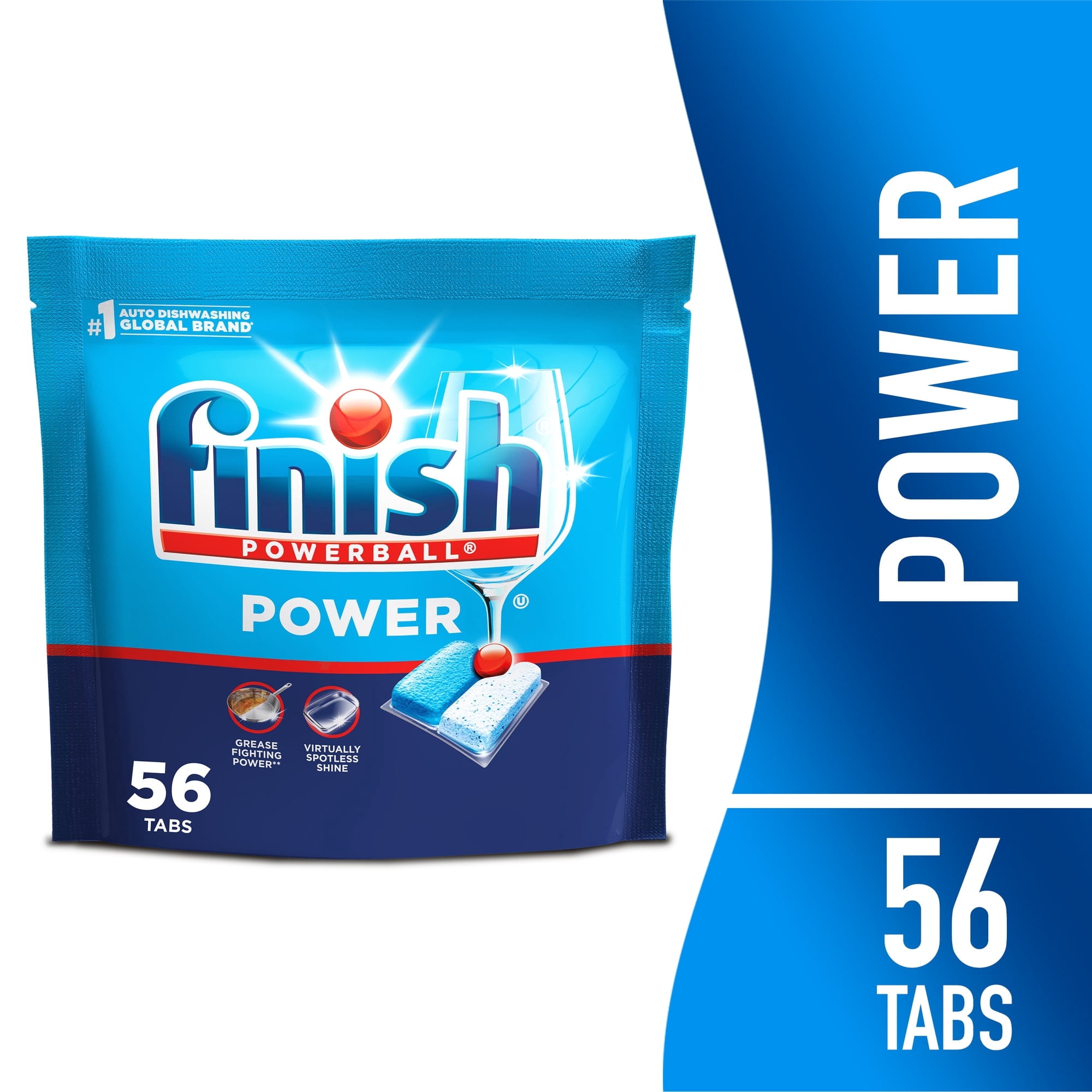 Finish Power Dishwasher Detergent Tabs, No Pre-Rinse Formula, 56 Count
