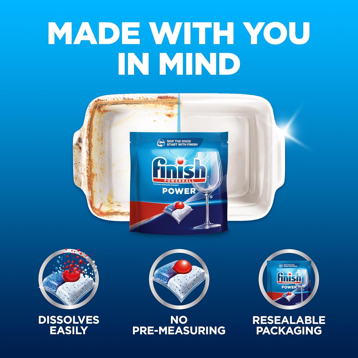 Finish Power Dishwasher Pods, No Pre-Rinse Dishwasher Detergent Soap For Deep Clean & Shine with Degreasing Power, 62 Count