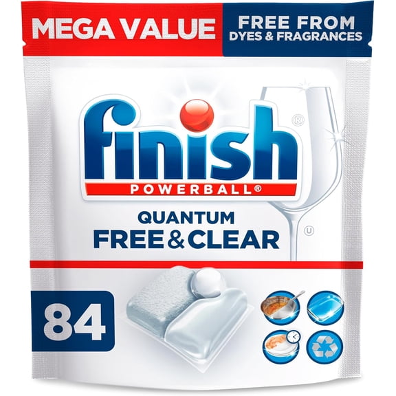 Finish Quantum Free & Clear Dishwasher Pods, Fragrance & Dye Free, 84 Count, Powerful Grease-Fighting Dishwasher Detergent, Unscented, Septic Safe