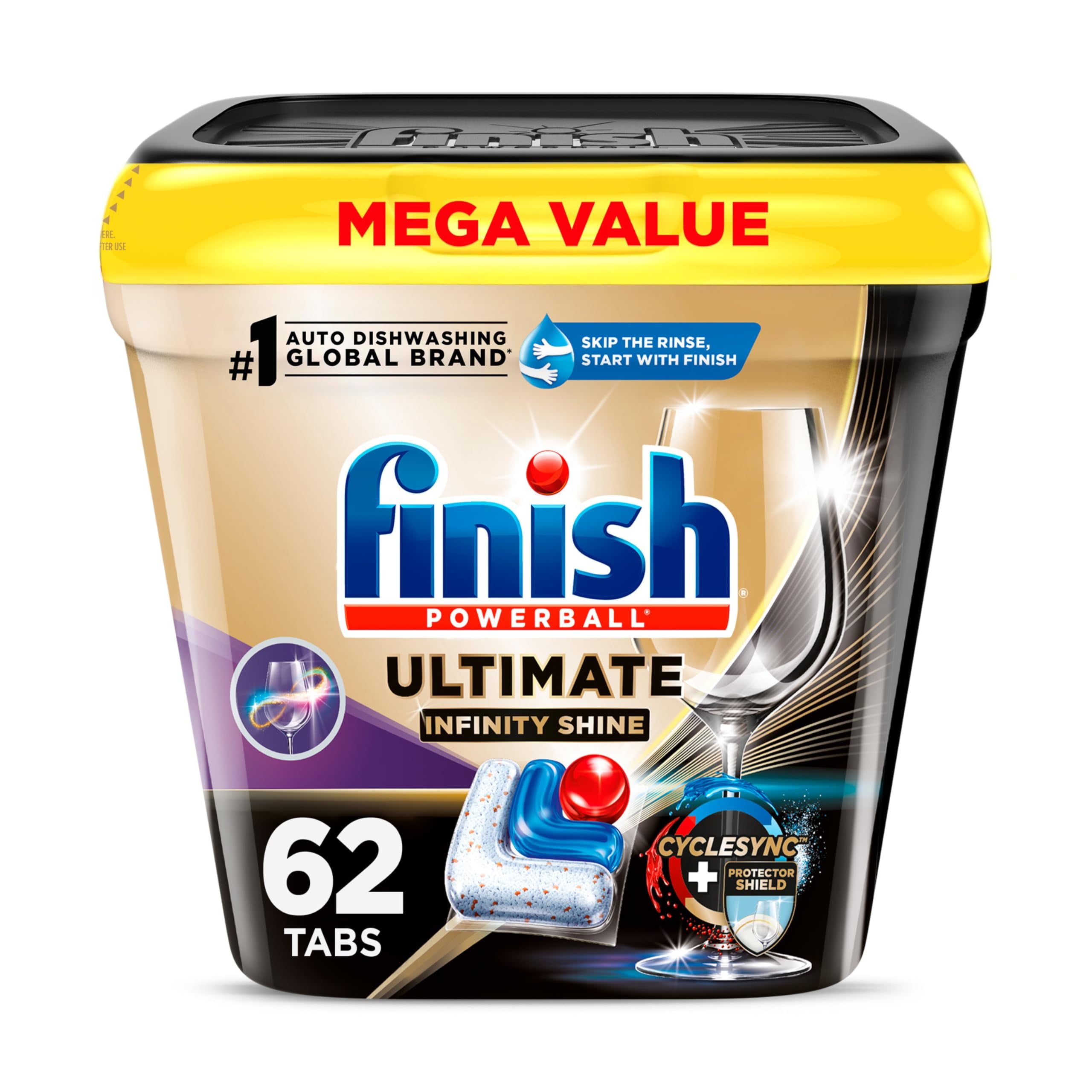 Finish Ultimate Infinity Shine Pods, AIS1No Pre-Rinse Detergent Soap Removes Burnt-On Stain, with Protector Shield & CycleSync Technology, Degreasing & Scrubbing Power, 62 Count