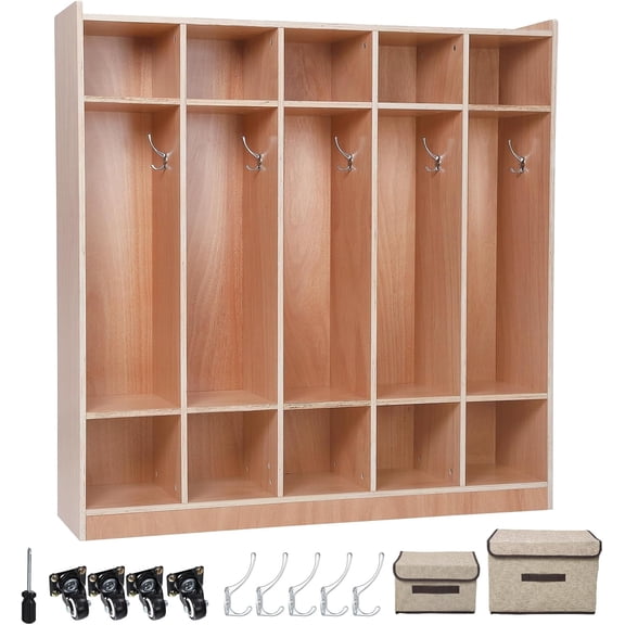 Finished 5-Section Kids Coat Locker, Smooth Wood Surface with 10 Classroom Cubbies, 2 Anti-tip Kits, 4 Casters & 2 Storage Boxes for Kindergarten, Daycare or Home Use
