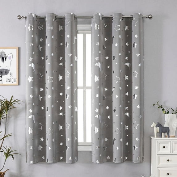 Finished Curtains High-Precision Silver-Stamping Stars Blackout No-Hole Curtain Fabric Curtains-Star And Moon Grey-52*84(132*213)620g 132*213cm Star Moon Grey 1PCS