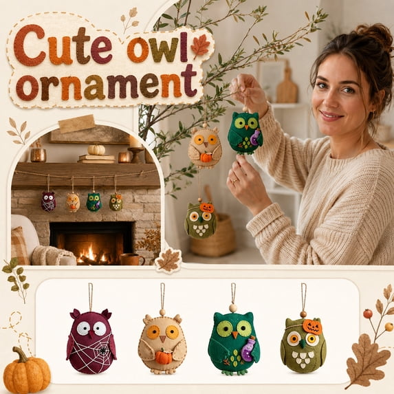 Finished Halloween Patchwork Owl Family Hanging Ornament - 2.4x4 Inch Cute Fabric Quilted Bird Decor, Handmade Decoration for Halloween & Fall, Adorable Miniature Craft Gift for Teens & Collectors