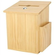 Finished Natural Wood Charity Donation & Suggestion Box Office Ballot Box with Pocket with Locking Hinged Lid for Table Or Counter-top use Natural Wood