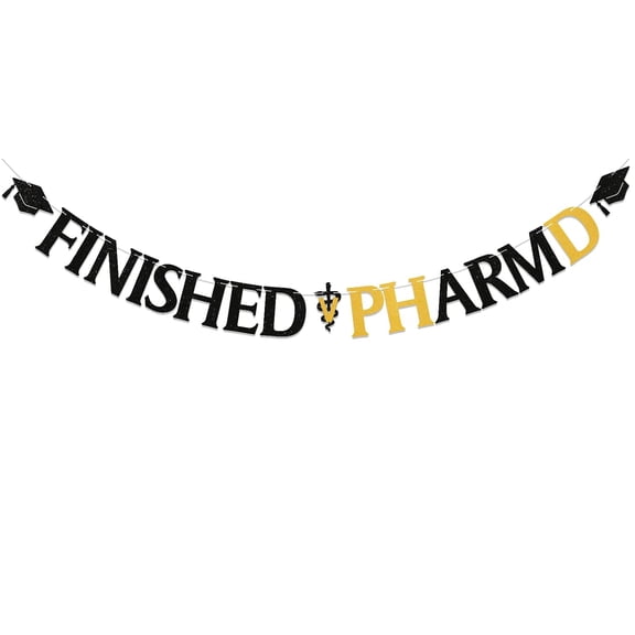 Finished PharmD Banner - PharmD Graduation Decorations, Congrats PharmD/Pharmacy School Survivor, Pharmacy School Graduation Party Banner Black Gold Glitter