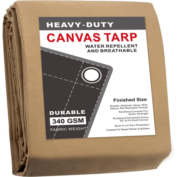 Finished Size 10x16 Feet Tan Canvas Tarp with Rustproof Grommets, 12 Oz Heavy Duty Multipurpose Tarpaulin Cover for Canopy Tent, Roof, Camping, Woodpile