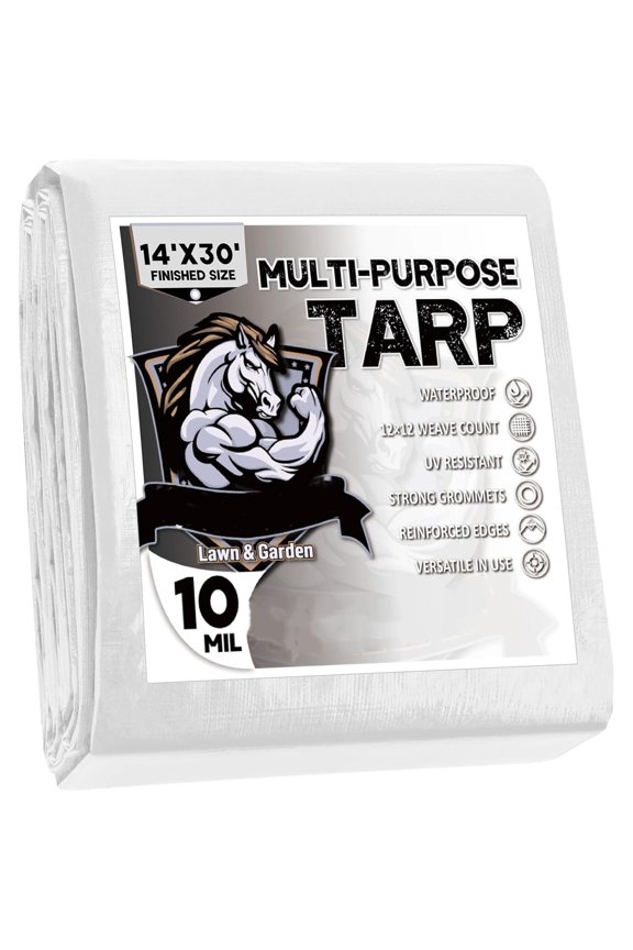 Finished Size 14x30 Feet 10 Mil White Heavy Duty Poly Tarp, Multipurpose Protective Cover, UV Resistant, Waterproof Poly Tarpaulin with Reinforced Edges Tarpaulin with Reinforced Edges