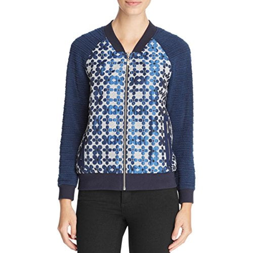 Finity Womens Floral Mixed Media Bomber Jacket Blue 6