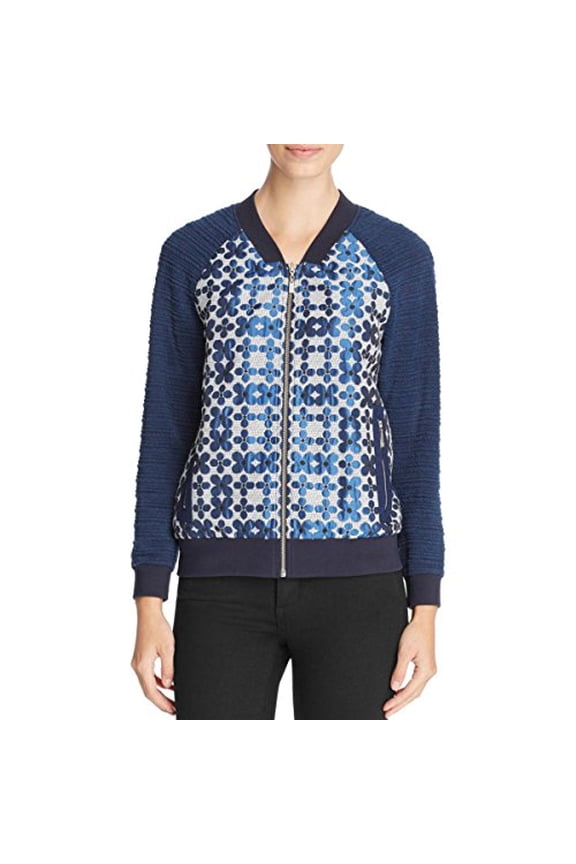 Womens Floral Mixed Media Bomber Jacket Blue 6