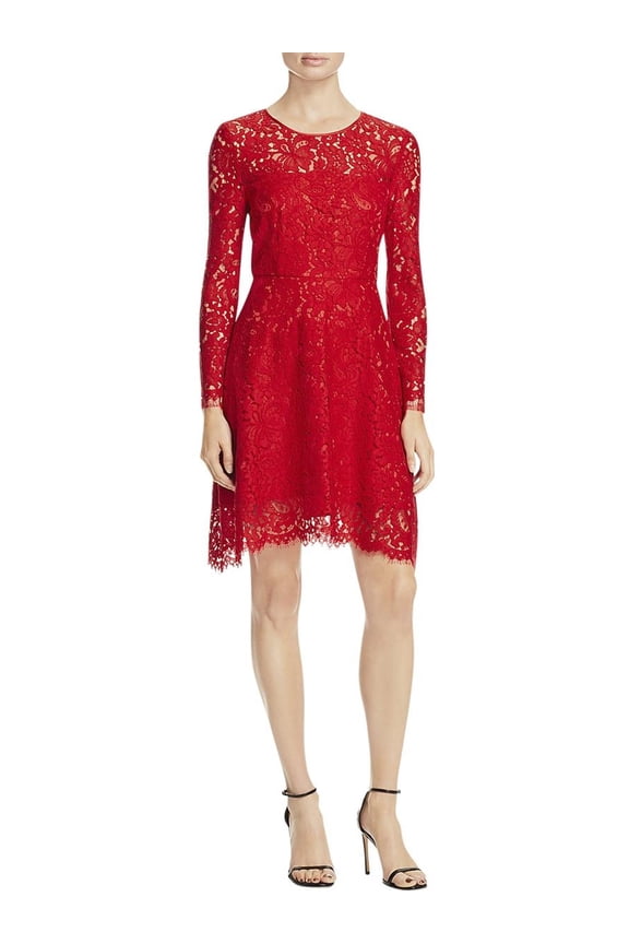 Womens Lace Satin Trim Cocktail Dress Red 10