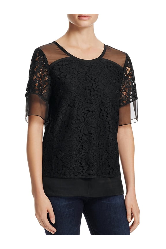 Womens Layered Lace Overlay Blouse Black 6