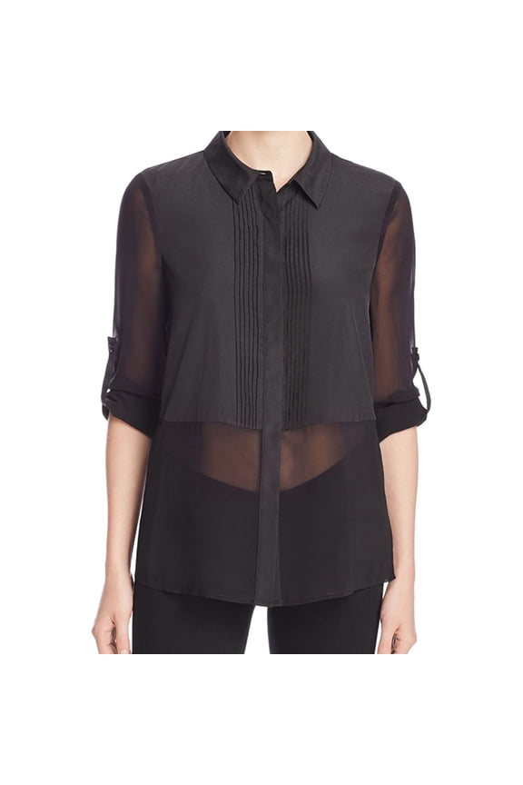 Womens Pintuck Button-Down Blouse Black 8